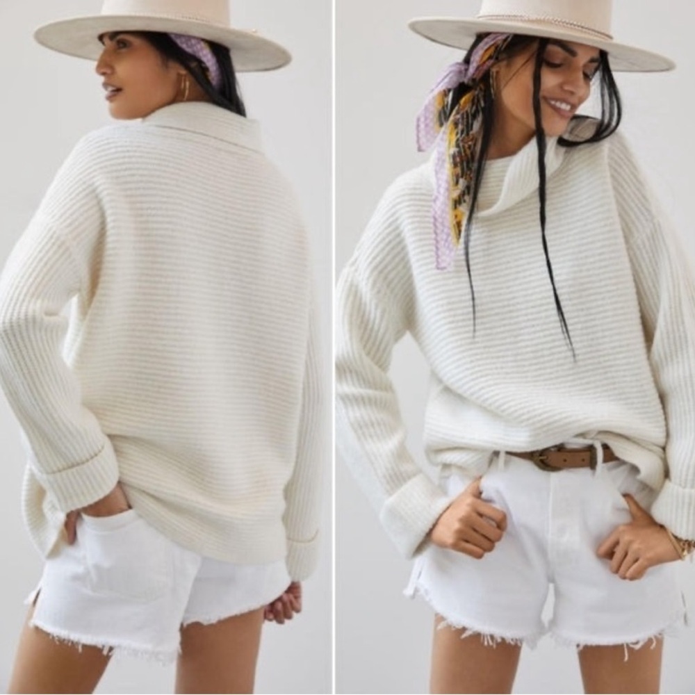 Anthropologie Pilcro Cowl Neck Knit Sweater Ivory Size Medium Oversized Jumper